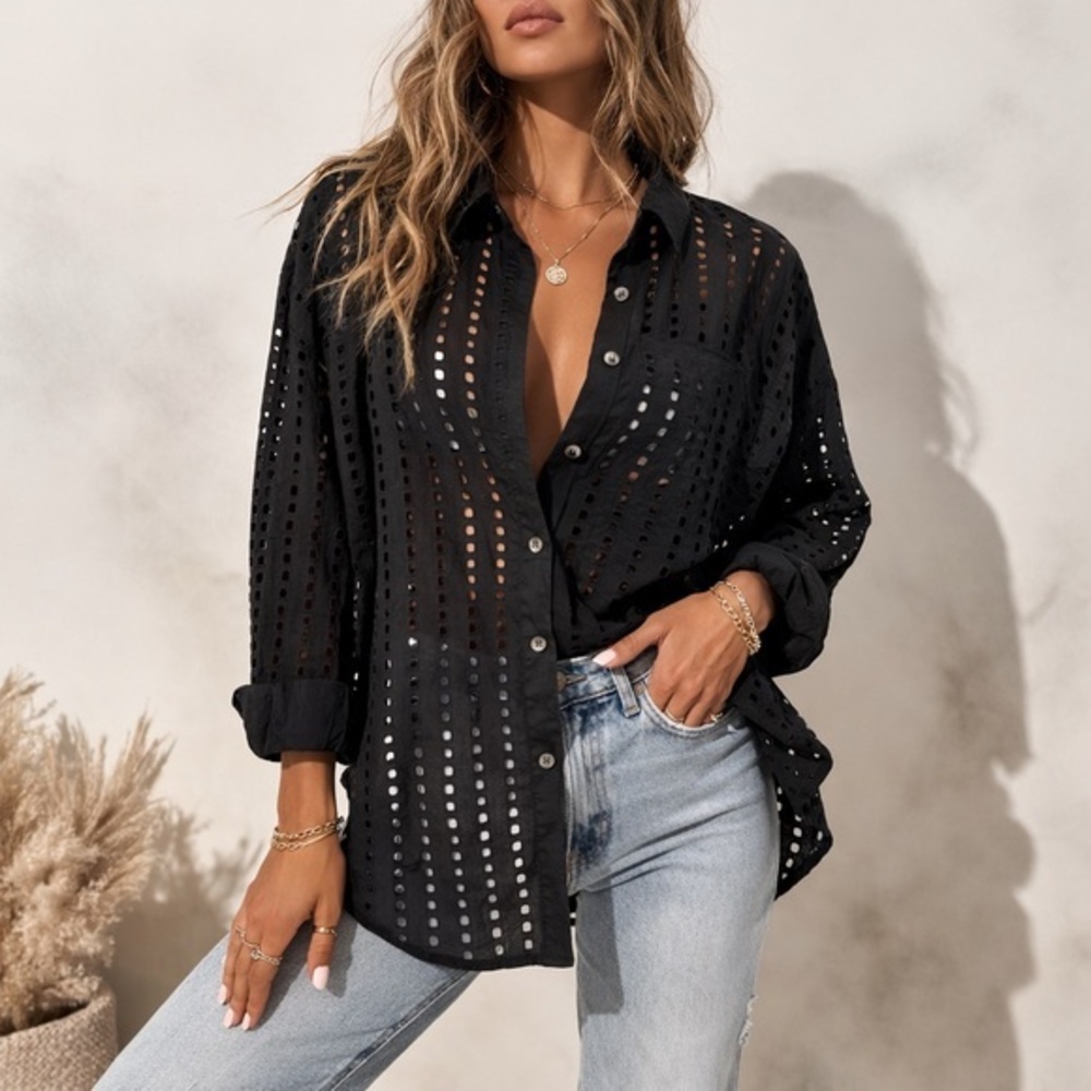 CALIA Black Eyelet Button Down Shirt Women’s Size Medium 100% Cotton Sheer Boho